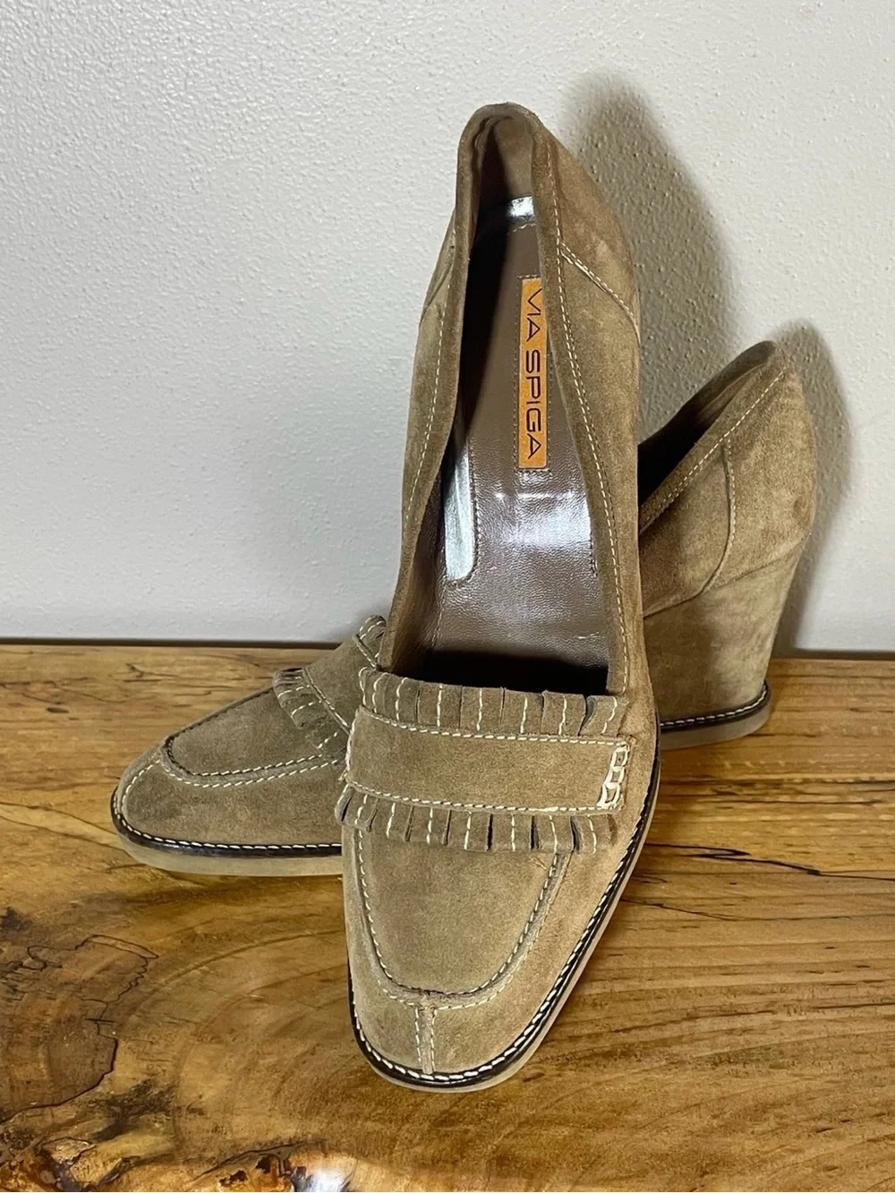 Via Spiga Kilte Tan Suede Fringe Wedge Loafer Heels